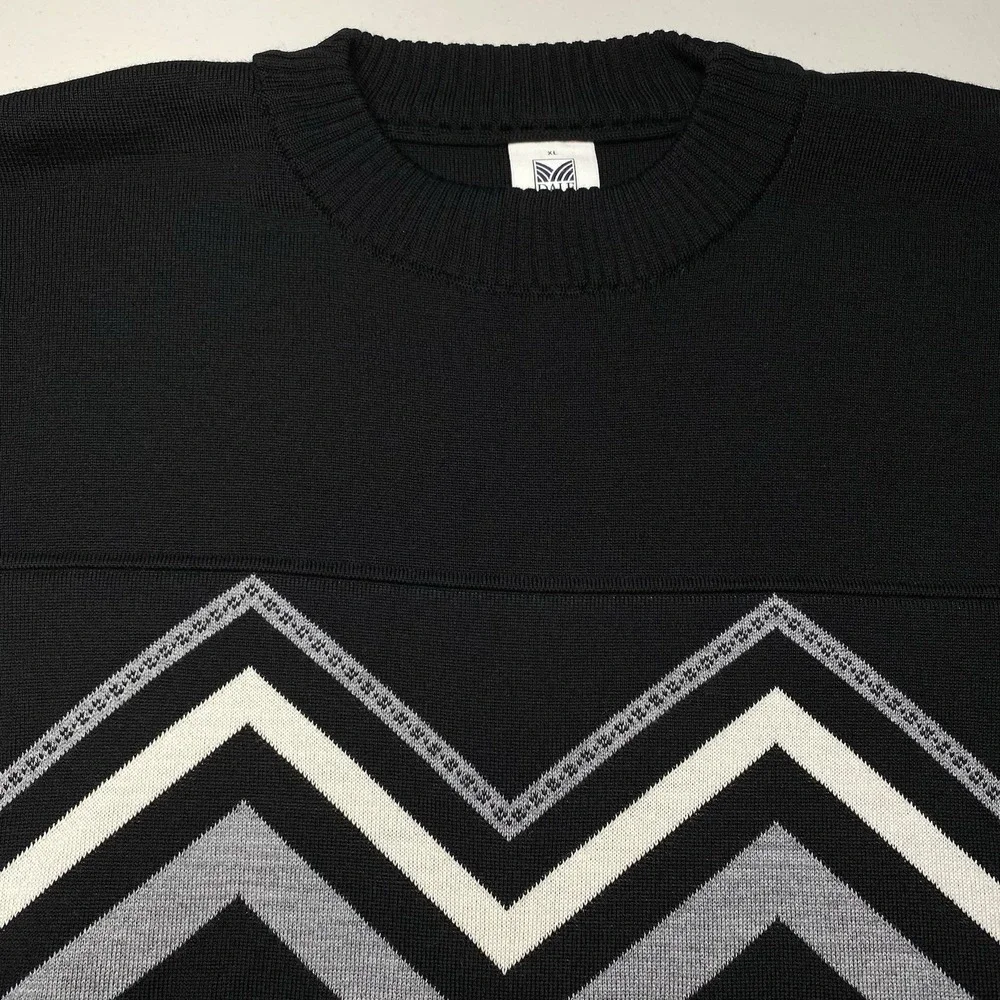 DALE OF NORWAY Sweater XL Merino Wool Crew Neck Pullover Black Chevron Geometric